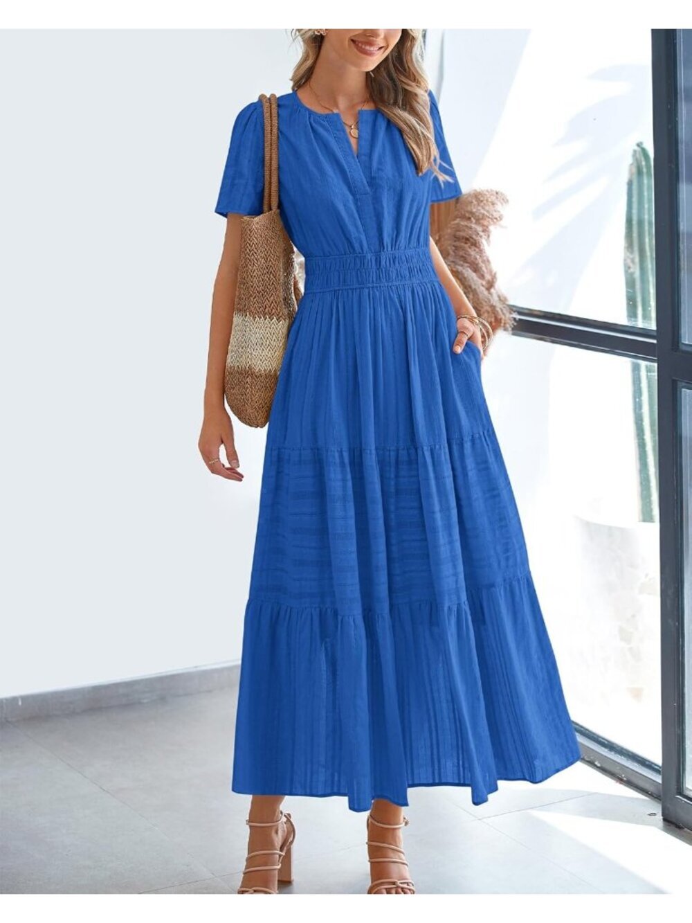 〽️Women's Blue Lightweight Short Sleeve V Neck Elastic Waist Maxi Dresses